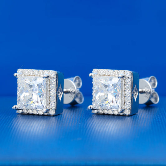 Princess Cut Square Halo Stud Earrings